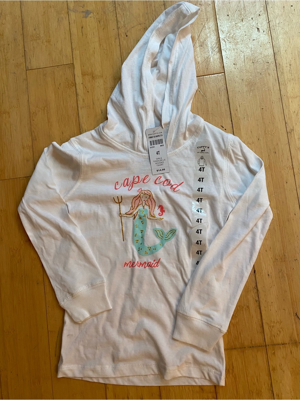 Kids White Hooded Long-Sleeve Tee with Cape Cod Mermaid Graphic - 4T